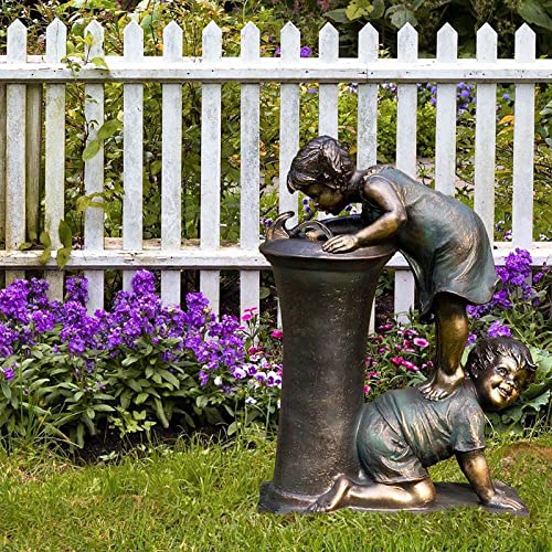 Antique Bronze Statue,Boy and Girl Outdoor Statue,Resin with Solar Light Statue,Water Fountain for Pation Backyard Garden-Pressurized Water Version 14x7x19cm(5x3x7inch)(Pressurized Water Versi