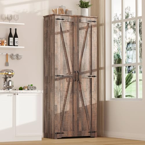 Farmhouse Pantry Cabinet with 6 Shelves and Barn Doors, Brown K34379