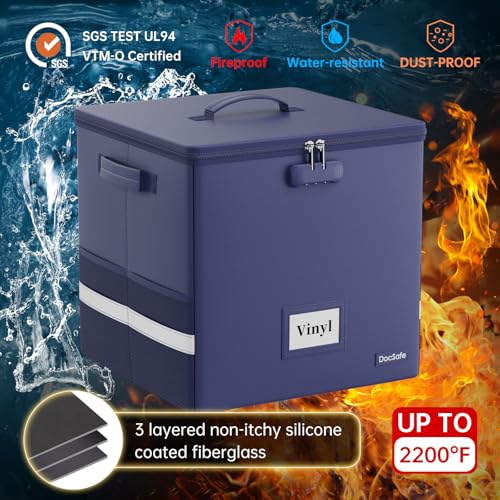 Vinyl Record Storage Box with Lock, Fireproof & Water Resistant, Holds 100+ 12-Inch Records H505
