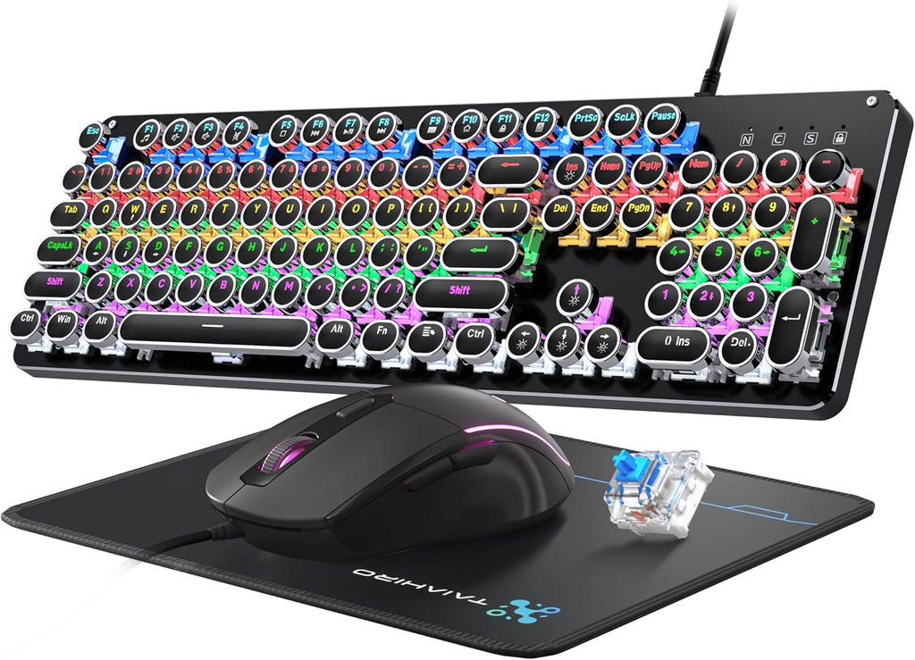 Typewriter Mechanical Gaming Keyboard and Mouse, Metal Panel Retro Keyboard with Round Keycap Blue Switch, RGB Backlit 104 Keys Anti-Ghost Wired Keyboard Mouse and Pad Combo for PC Laptop Mac Gamer