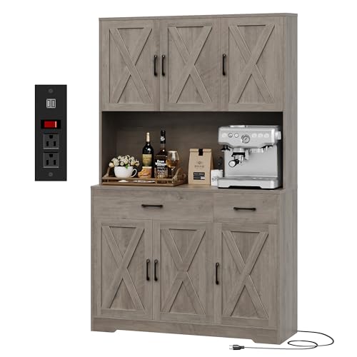 71" Tall Pantry Cabinet with Charging Station and Microwave Stand L63097