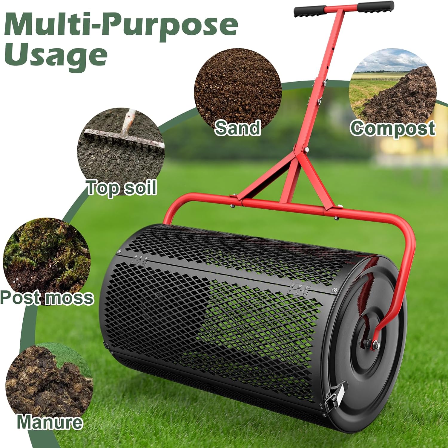 Compost Spreader for Lawn, 24 Inch Roller with Adjustable Handle Z117508