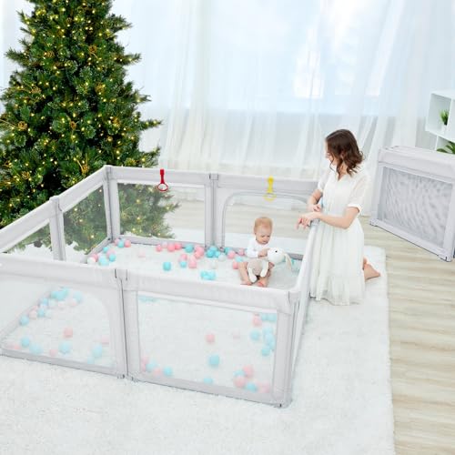 Baby Playpen Foldable 79x59 Playpen for Babies and Toddlers, Adjustable Play Pen for Toddlers 1-3 Baby Fence Baby Play Yards for Indoor & Outdoor Baby Gate Playpen with Packing Bag, Light Grey