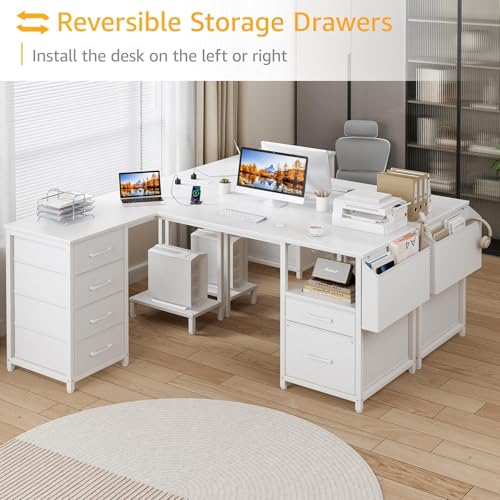 L Shaped Gaming Desk with Storage Drawers and Power Outlets I94529