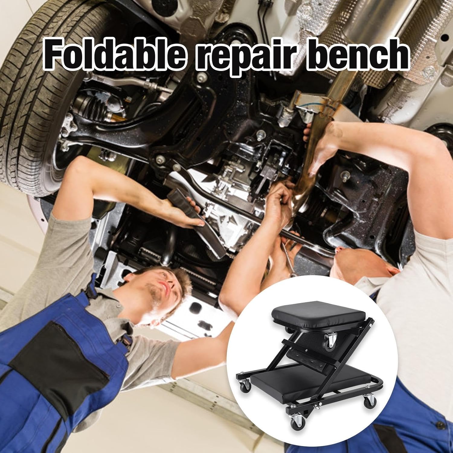 Foldable 2-in-1 Rolling Car Creeper & Seat, 36 Inches Adjustable Garage Chair Z446468