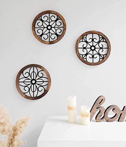 Rustic Round Wall Art 3 Pack Geometric Scrolled Metal with Wooden Frame R67379