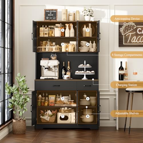 71" Tall Pantry Cabinet with Charging Station and Microwave Stand L63097