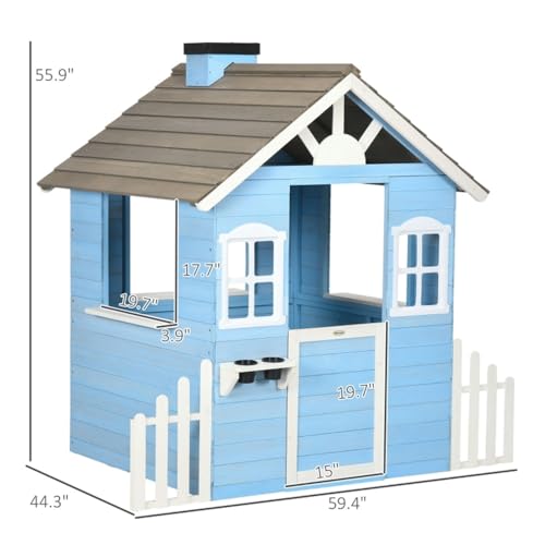 Wooden Playhouse for Kids with Bench, Door, Windows and Shelf F422