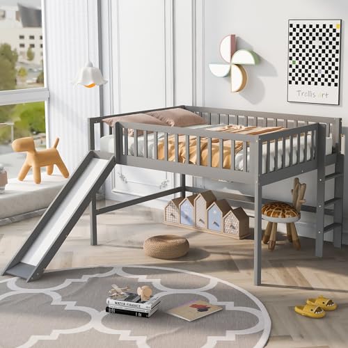 Wood House Loft Bed Frame with Slide and Storage Shelves Z806