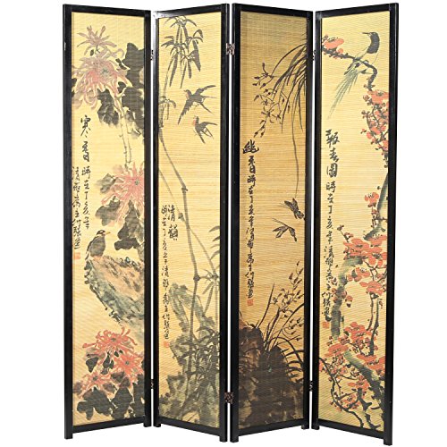 4-Panel Folding Bamboo Room Divider with Cherry Blossom Scene B61114