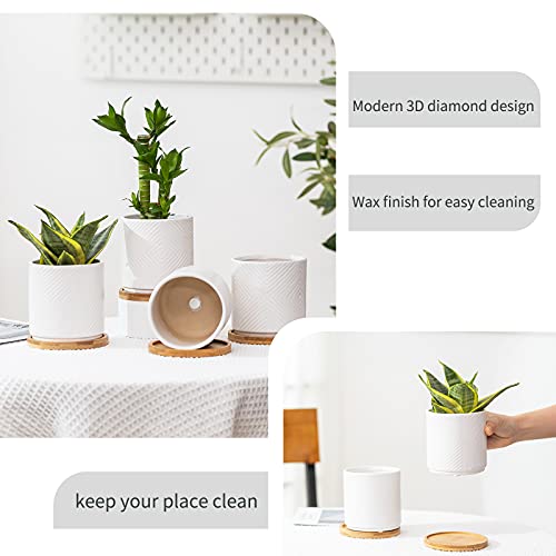 Ceramic Plant Pots with Drainage Holes and Bamboo Saucers, Set of 4, White A8472