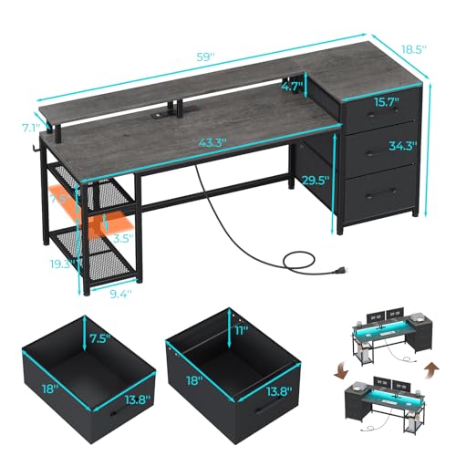 Office Desk with Drawers, Reversible Computer Desk with Storage, LED Lights & Power Outlet, Rustic Brown X65554