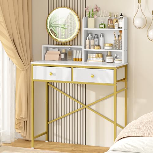 White Vanity Desk with 2 Drawers and Open Shelves B163
