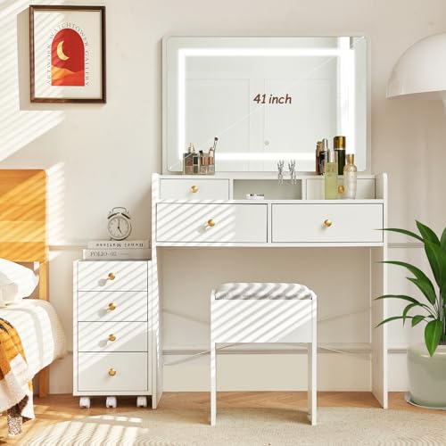 Vanity Desk with Mirror and Lights, Makeup Table with Drawers and Stool B20199