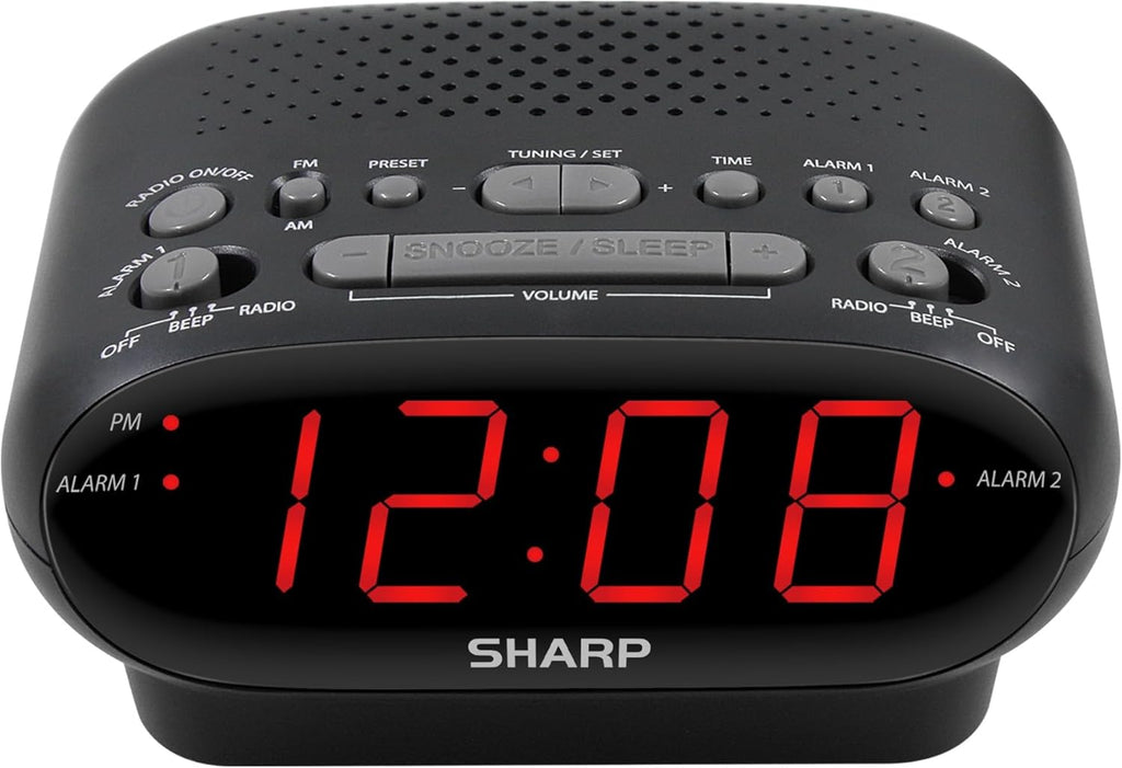 Sharp AM/FM Dual Alarm Clock Radio, 2-7/16"H x 4-5/16"W x 5-1/2"D, Black