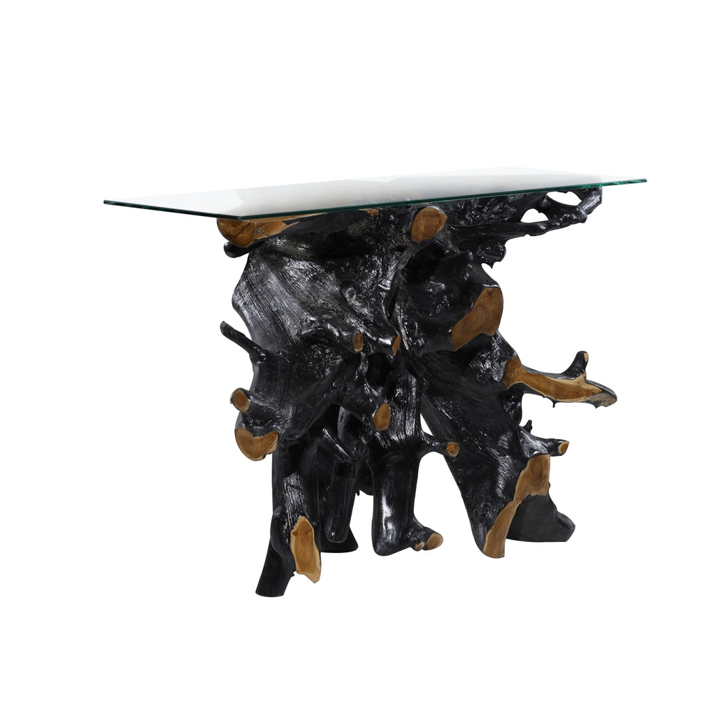 Black Teak Wood Live Edge Console Table with Clear Glass Top X4060