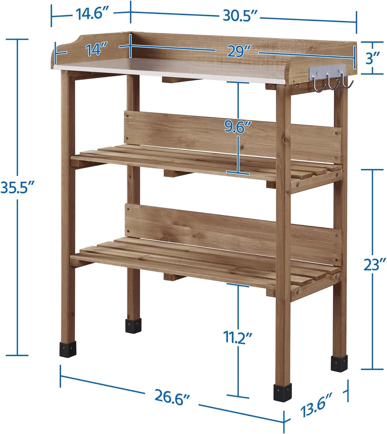 Wooden Potting Bench Table with Metal Tabletop and Storage Shelf A212159