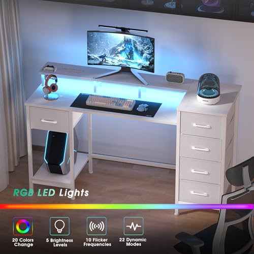 47 Inch Computer Gaming Desk with Power Outlets LED Lights and Storage Drawers I77165