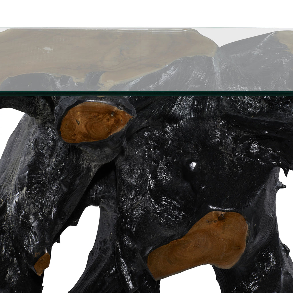 Black Teak Wood Live Edge Console Table with Clear Glass Top X4060