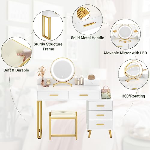 White Vanity Desk with Mirror and Lights, 6 Drawers and Stool Z334