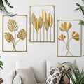 3Pcs Metal Wall Art Decor,Abstract Gold Wall Art Metal Leaf with Frame,17" x 12" Gold Metal Wall Decor for Living Room,Iron Artwork Wall Sculptures Hanging For Bathroom (Multicolor