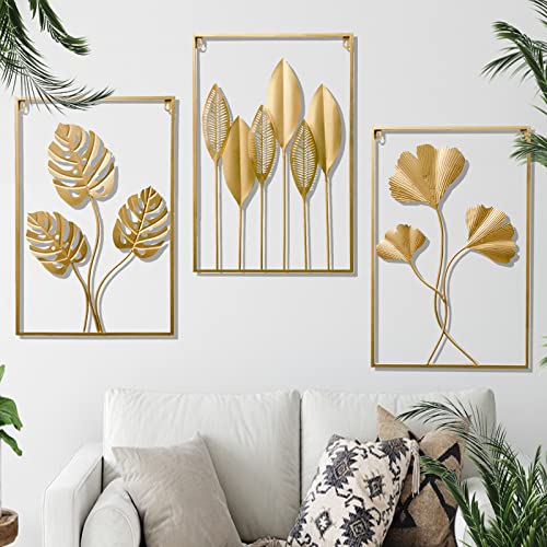 3Pcs Metal Wall Art Decor,Abstract Gold Wall Art Metal Leaf with Frame,17" x 12" Gold Metal Wall Decor for Living Room,Iron Artwork Wall Sculptures Hanging For Bathroom (Multicolor