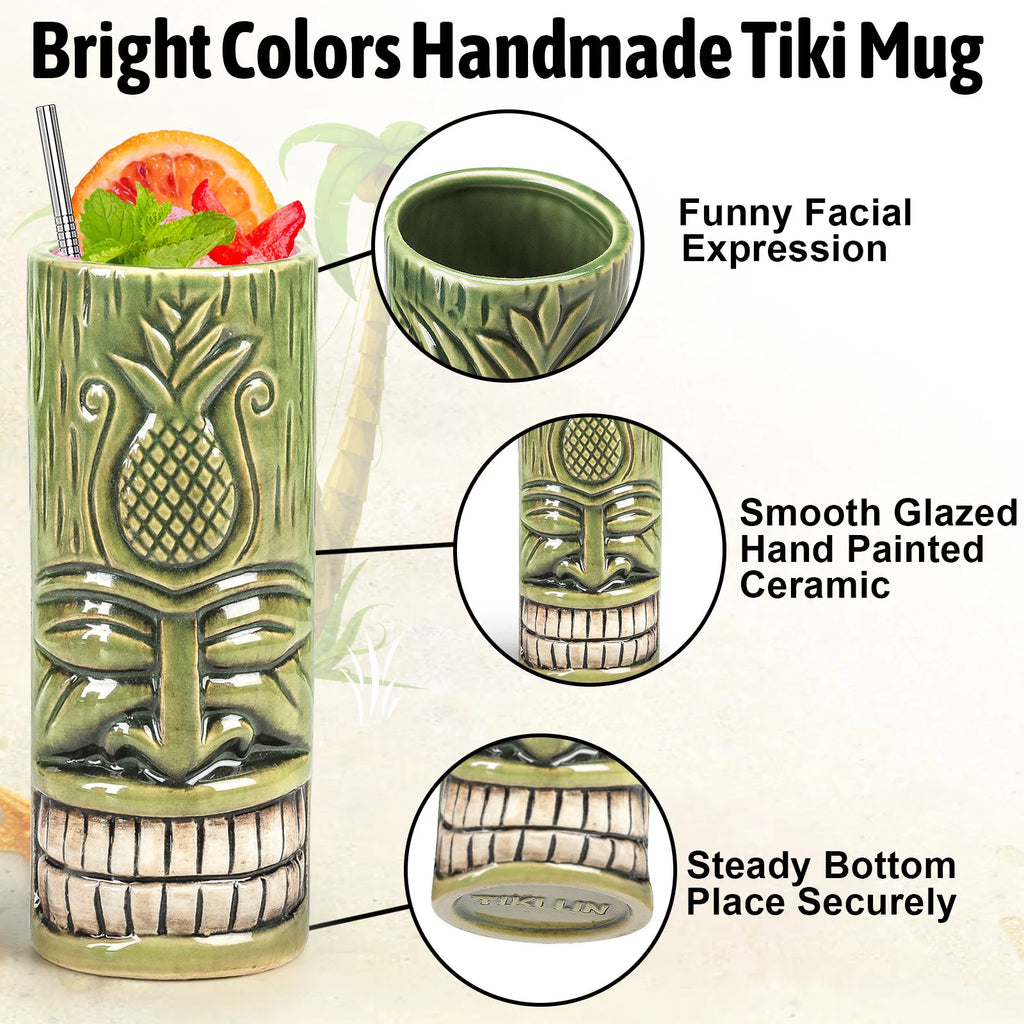 Tiki Mugs Cocktail Set of 4 - Large Ceramic Tumblers, Hawaiian Luau Party Drinkware T253