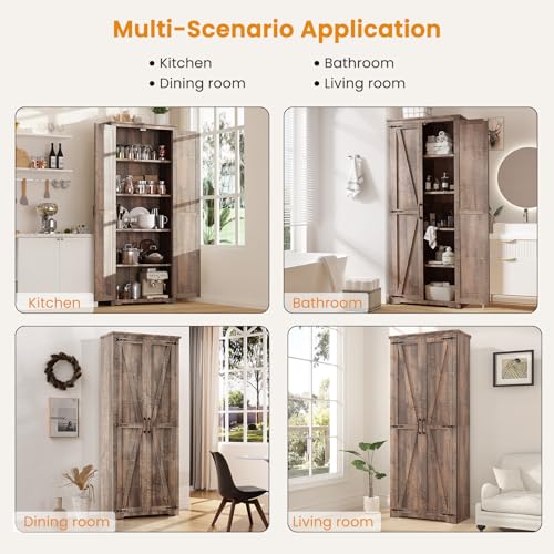 Farmhouse Pantry Cabinet with 6 Shelves and Barn Doors, Brown K34379