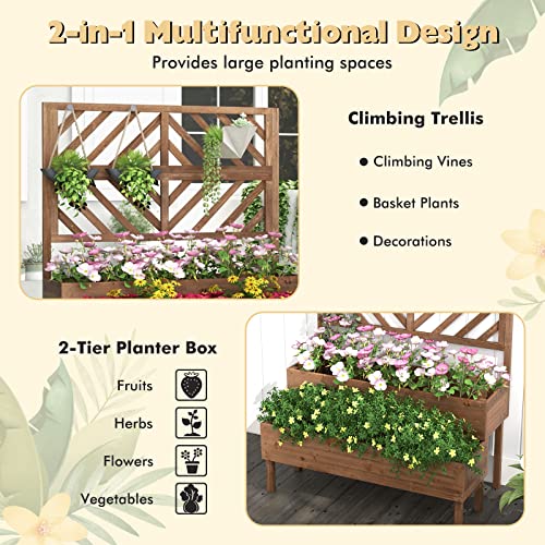 Raised Garden Bed with Trellis, 2-Tier Wooden Planter Box with Legs and Drain Holes F8672