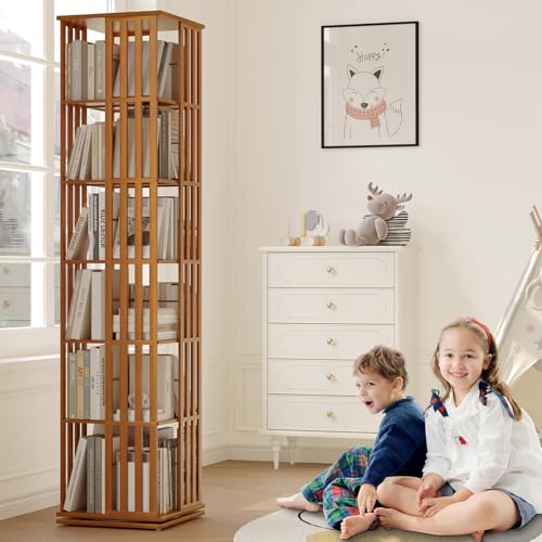 Rotating Bookshelf Tower, 360 Spinning Bamboo Bookcase, 6 Tier Floor Standing Storage Rack U3081