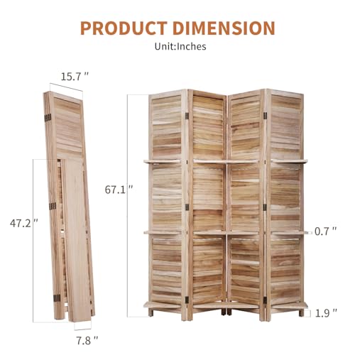 Room Divider 4 Panel Folding Wood 5.6 Ft Tall Privacy Screen with Three Shelves Y8638