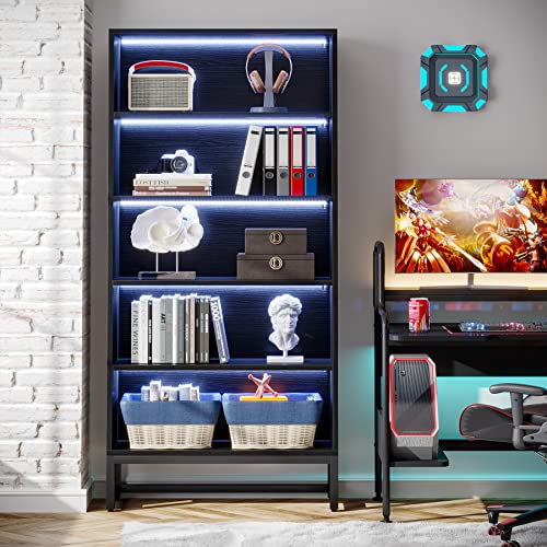 Tall Bookcase with LED Lights, 5-Tier Storage Shelves T8450