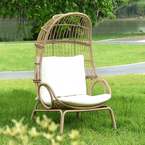 Outdoor Egg Chair with Stand and Cushion, Patio Rattan Basket Chair, Beige F352720