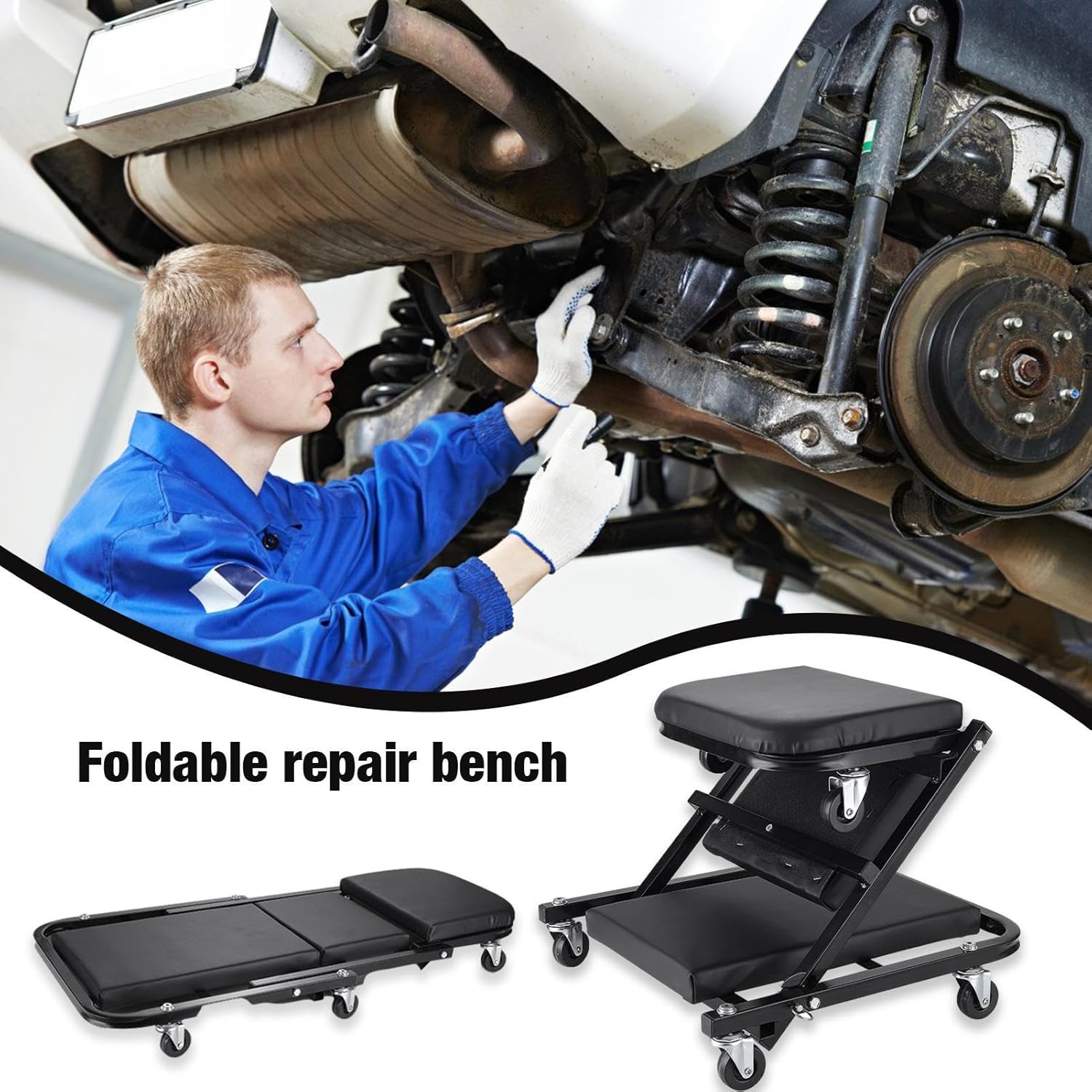 Foldable 2-in-1 Rolling Car Creeper & Seat, 36 Inches Adjustable Garage Chair Z446468