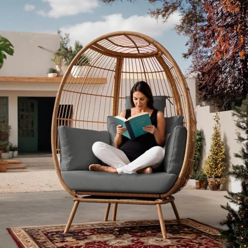 Rattan Egg Chair with Ottoman, Indoor Outdoor Wicker Chair with Footrest, 5 Cushions F541