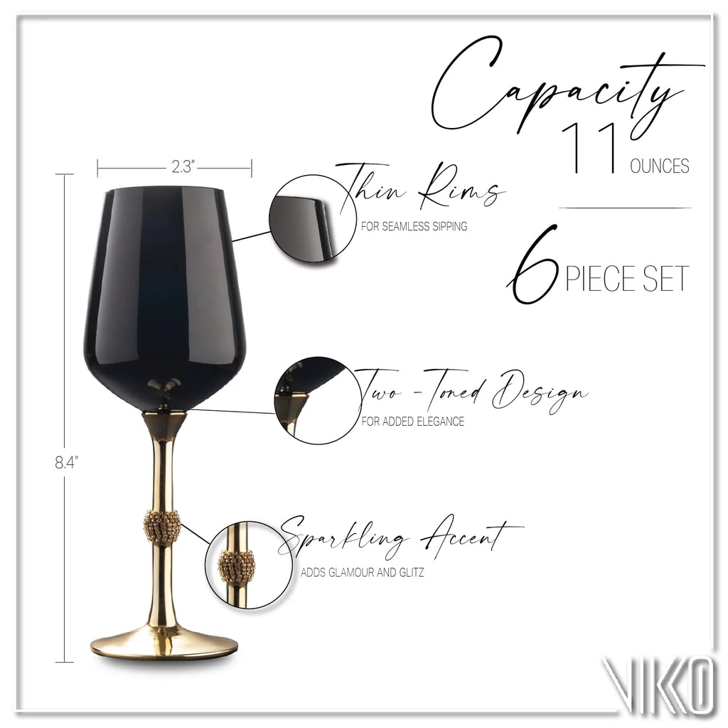 Black and Gold Wine Glasses 11 Ounce Set of Six Dishwasher Safe B78365