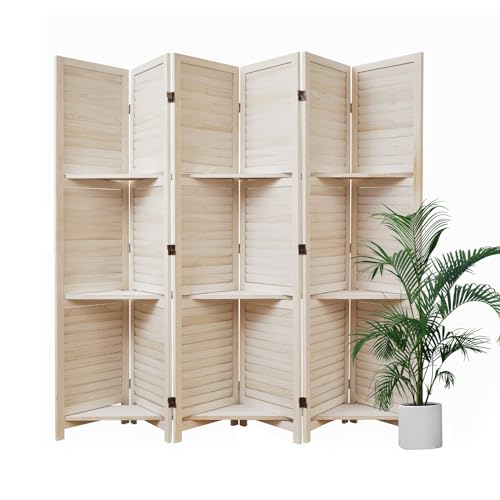 Folding Room Divider with Shelves, 6 Panels, Brown D785582