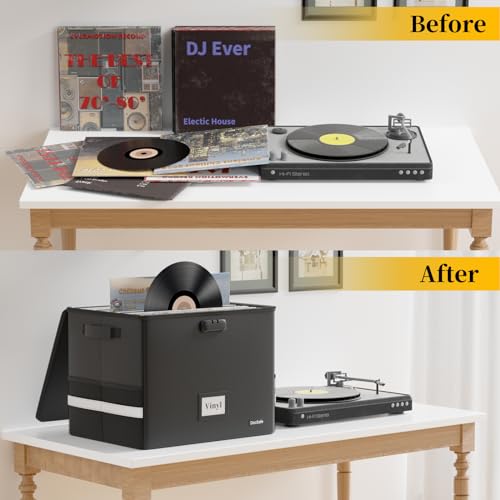 Vinyl Record Storage Box with Lock, Fireproof & Water Resistant, Holds 100+ 12-Inch Records H505