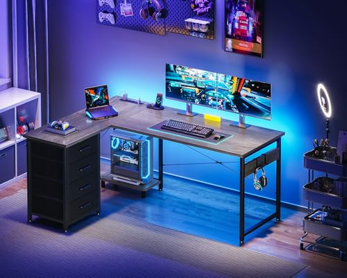L Shaped Desk with 4 Tier Drawers, Power Outlets & USB, Corner Computer Desk with CPU Stand U4256