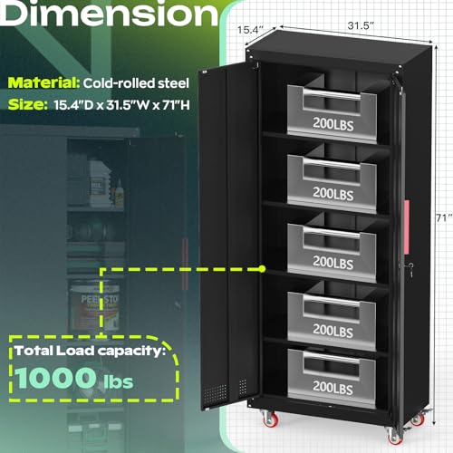 Metal Garage Storage Cabinet with 5 Adjustable Shelves and Wheels T460