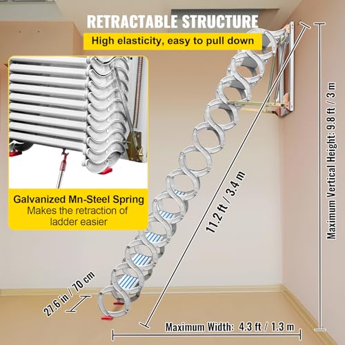 Attic Pull Down Stairs 12 Steps, Alloy Folding Access Ladder, 9.8 ft Height R43272
