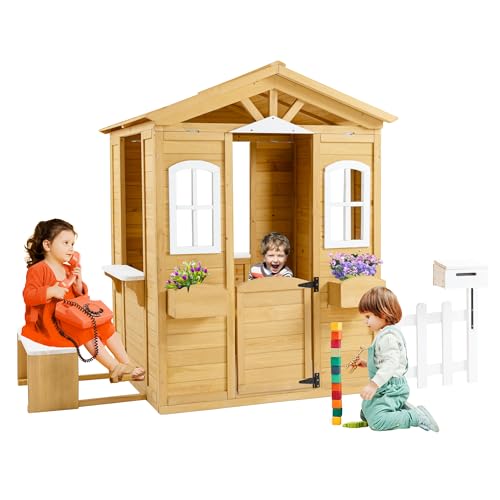 Outdoor Playhouse, Wooden Playhouse for Kids, Backyard Playhouse with Window, Mailbox, Picnic Bench, Fenced, Flowerpot Holders, Gift for Age 2+, 39" x 38" x 55.5"