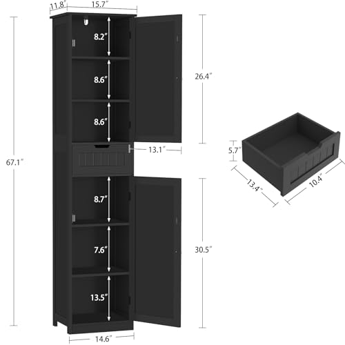 67" Tall Bathroom Cabinet with 2 Doors and 1 Drawer, Adjustable Shelves T930834