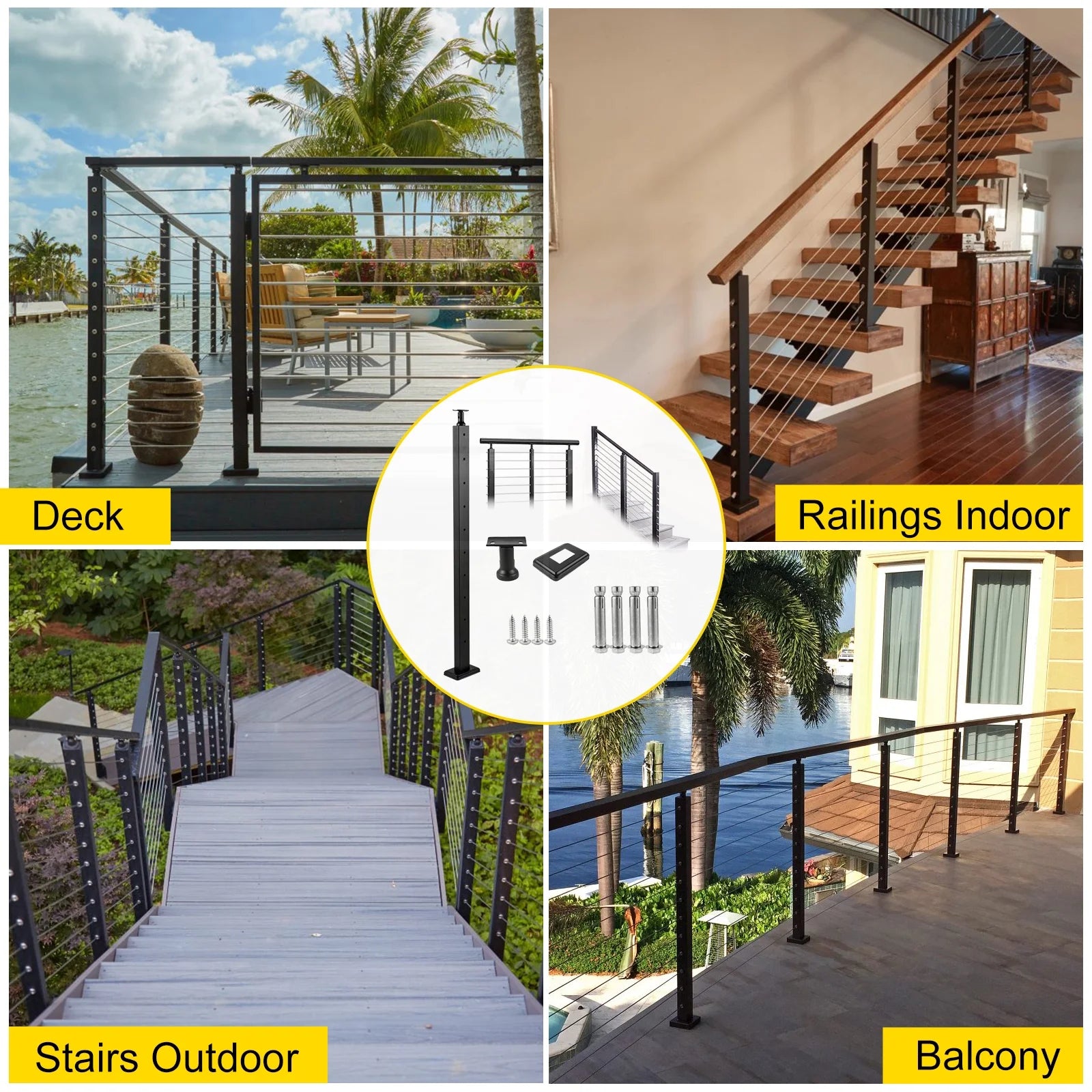 Cable Railing Post Level Deck Stair Post 42 x 1.97 x 1.97" Handrail Post Stainless Steel Brushed Finishing Pre-Drilled with Mounting Bracket Black G552172