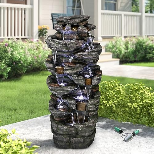 Large Outdoor Water Fountain - 47" H 9-Tier with LED Light, Resin Waterfall for Patio Garden Decor O9007
