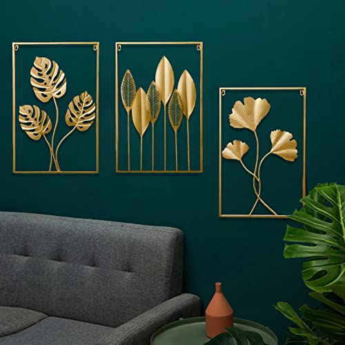 Metal Wall Art Decor, Abstract Gold Leaf with Frame, 17 x 12 Inches O53620