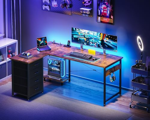 L Shaped Desk with 4 Tier Drawers, Power Outlets & USB, Corner Computer Desk with CPU Stand U4256
