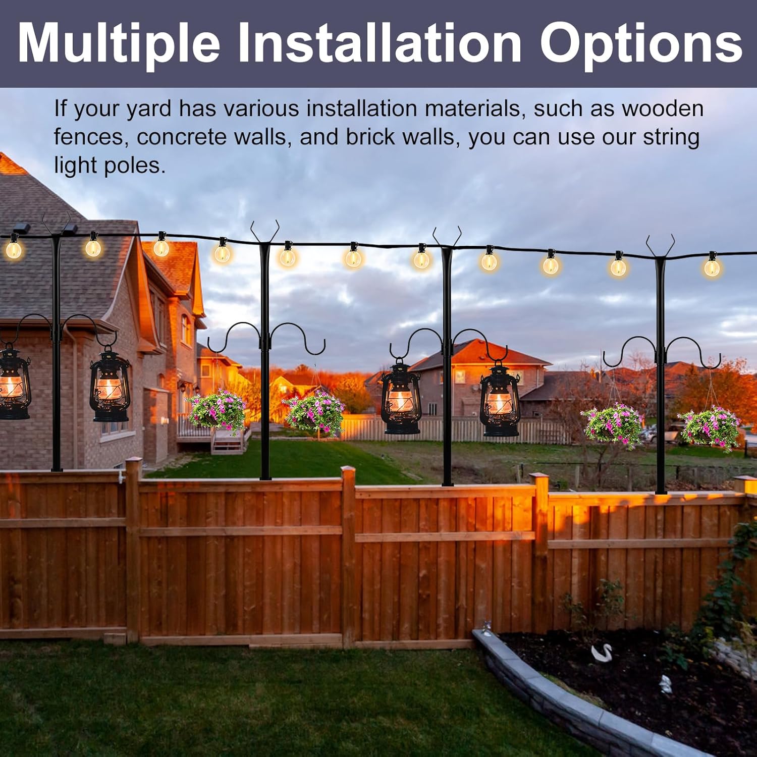 String Light Poles 2 Pack, Adjustable 2.4FT/3.6FT for Outdoor Hanging G359