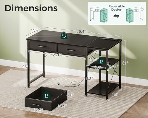 Small Computer Desk with Drawers & Power Outlet for Bedroom, Home Office M131