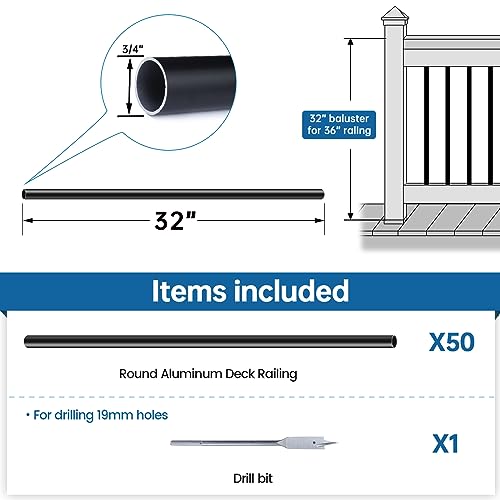 50 Pack 26" Aluminum Deck Balusters Round Black for Railing Stair Porch E465